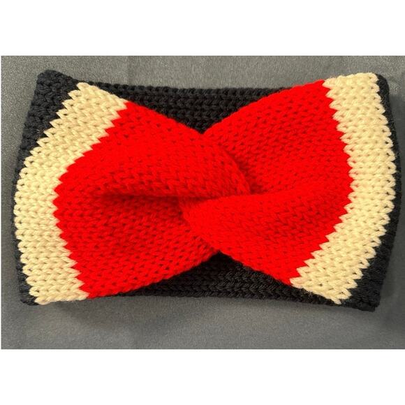 Hand Knit Twist Front Red, White &‎ Blue blue ear warmer Headband, adult size - Picture 5 of 5
